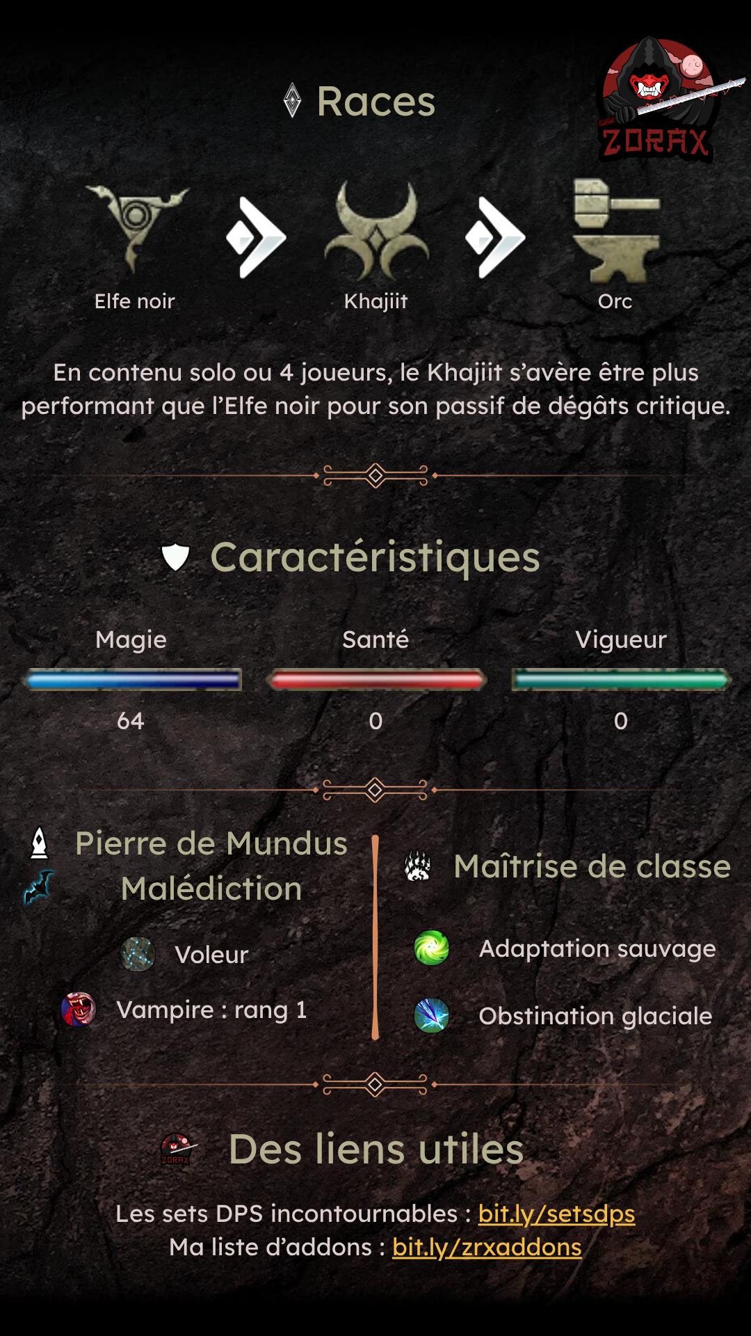 Fiche personnage Pur Gardien Magie Vampire DPS PvE U50
