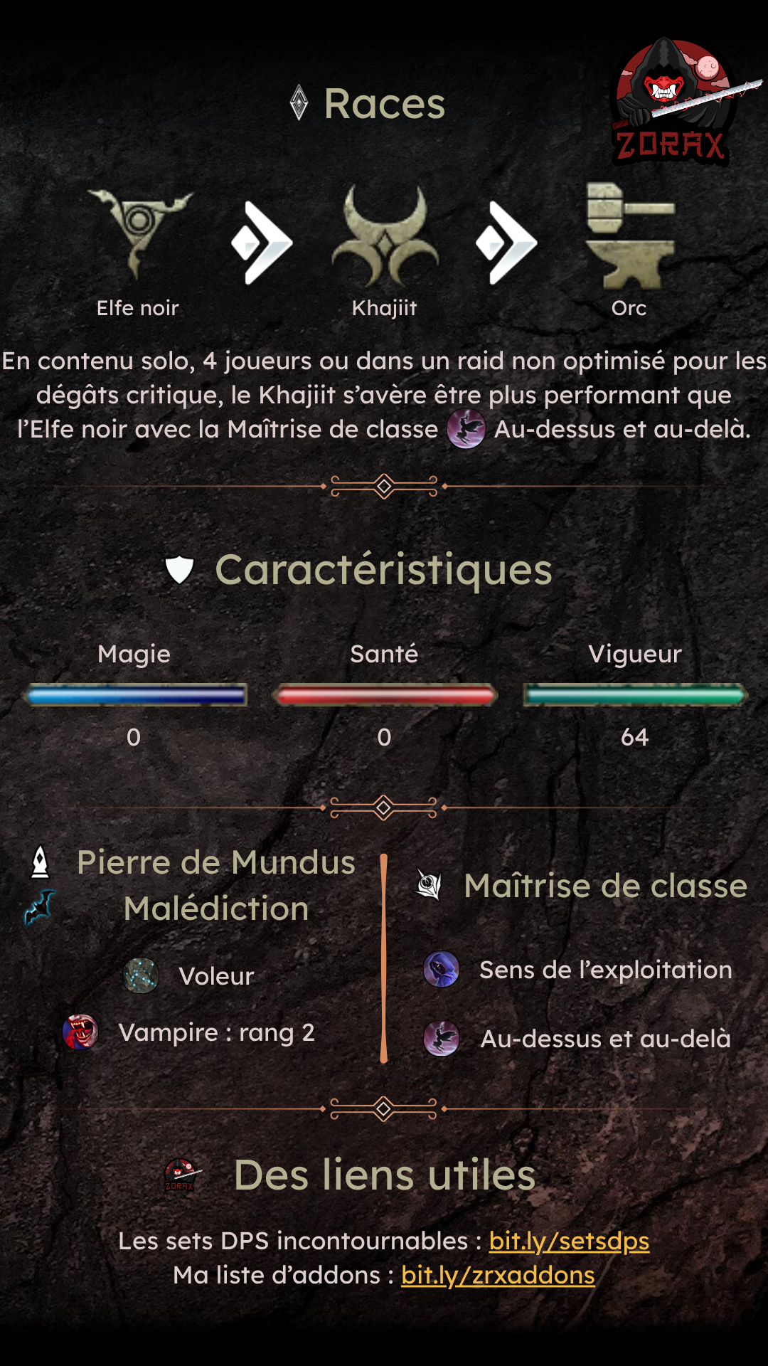 Fiche personnage Pur Lame noire Vigueur Vampire DPS PvE U50